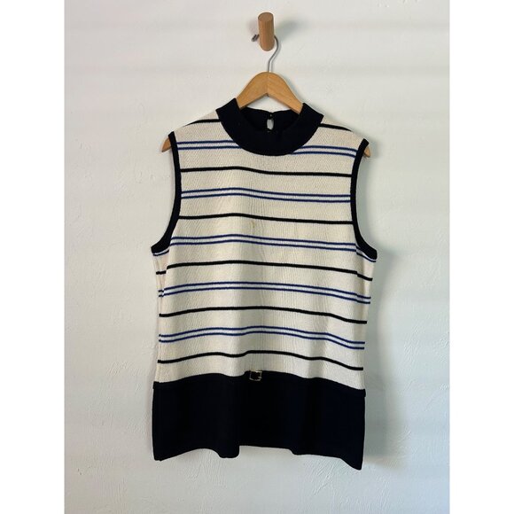 St. John Women's SZ 14 Striped Sleeveless Sweater Top Black & Cream - Picture 9 of 9